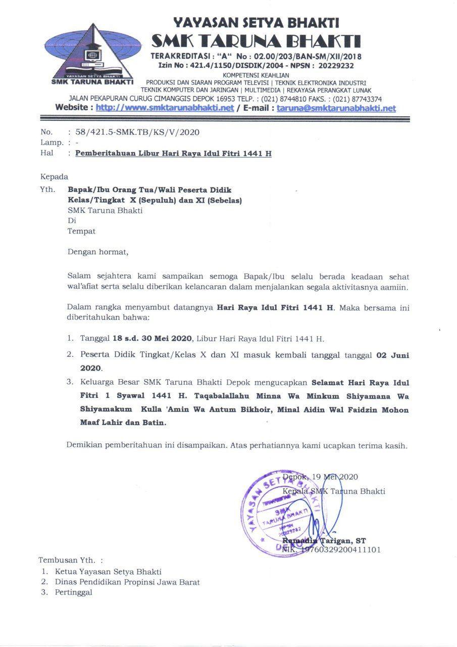 Surat Edaran Libur Lebaran Tp 2019 2020 Smk Taruna Bhakti