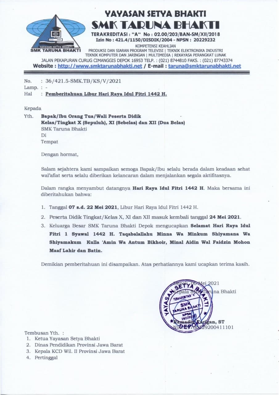 Surat Edaran Pemberitahuan Libur Lebaran Tp 2020 2021 Smk Taruna Bhakti